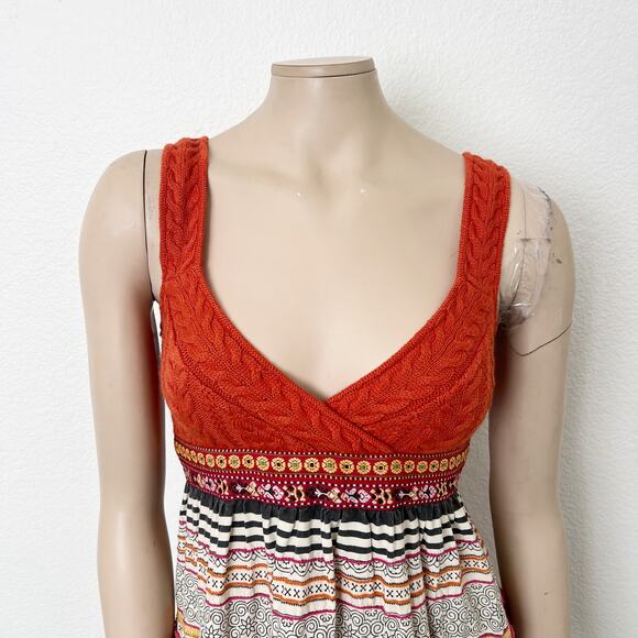 [Free People] Orange Boho Y2K Cable Knit Embroidered Striped Mini Dress Size 8 - Picture 3 of 9